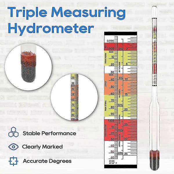 Hjemmevinshydrometer, tredobbelt skala hydrometer til vin, øl og mjød, tester alkohol til vinfremstilling