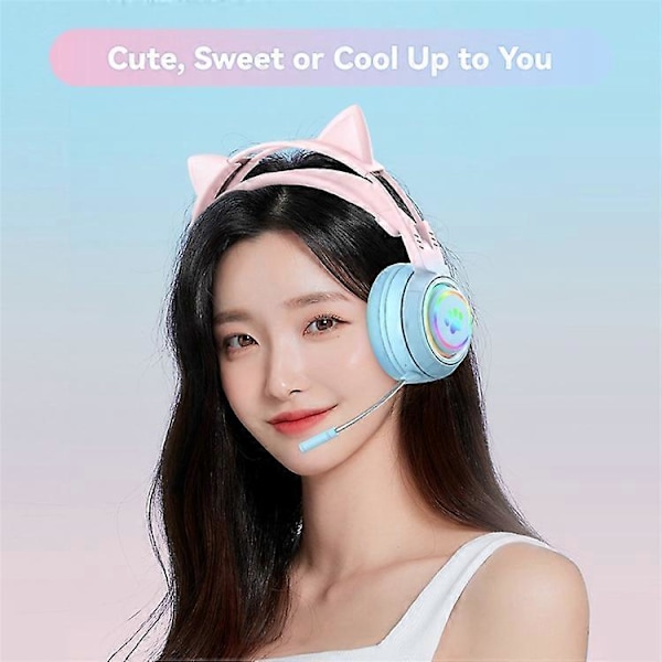 T25 Søte Katteører Hodetelefoner RGB-belysning Bluetooth Trådløst Headset med Avtakbar Mikrofon Pink