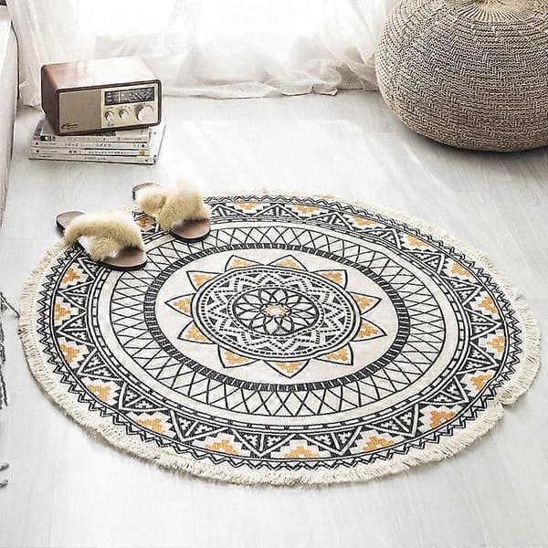 Mandala Rundt Tæppe - Boheme Stil - Bomuld - Diameter: 90 cm
