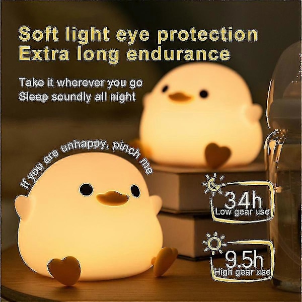 Søt Bean Duck LED nattlys, oppladbar tegneserie silikon soveromslampe, berøringsfølsom tidsinnstilling nattbordlampe for barn gave