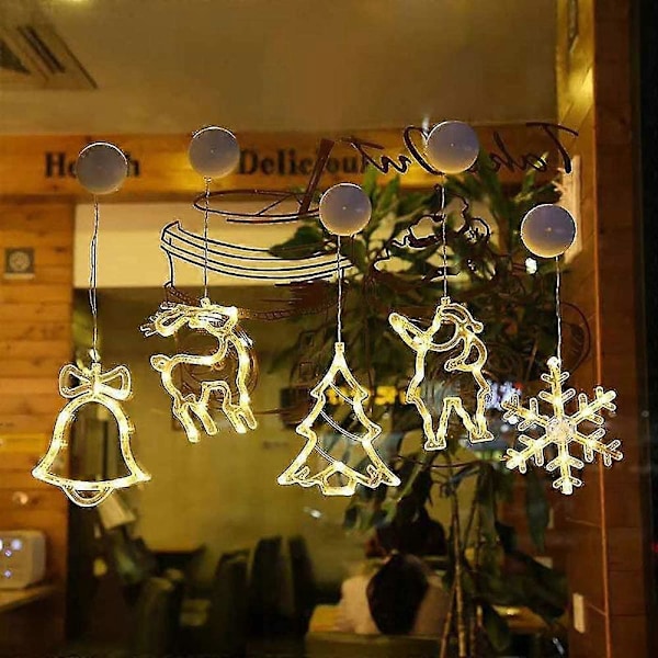 4 Stk Julevinduslys LED Sugekopplys Juletre Julenisse Bjeller Juleelg Vindushengende Lys For Juledekorasjon (jul