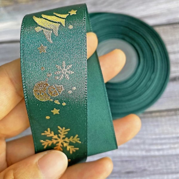 22 Meter Julband Satinband Tryckt med Gyllene Julgran Snögubbe Snöflingor, God Jul Band (Grön)