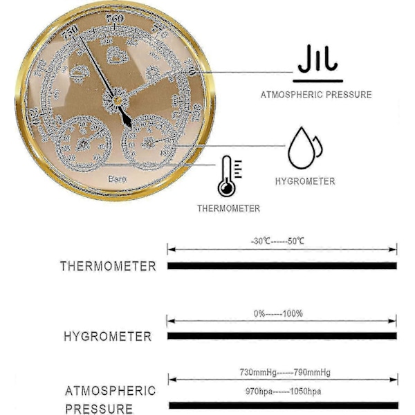 Utendørs Barometer Termometer Hygrometer - 5 tommer Barometer Værsenter, Barometer (gull)