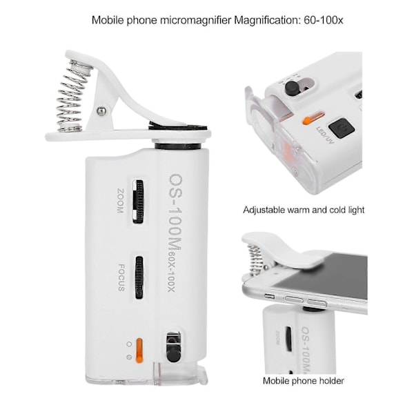 60X100X Mikroskop Bærbar Clip Smartphone Mikroskop Forstørrelsesglas med LED UV-lys
