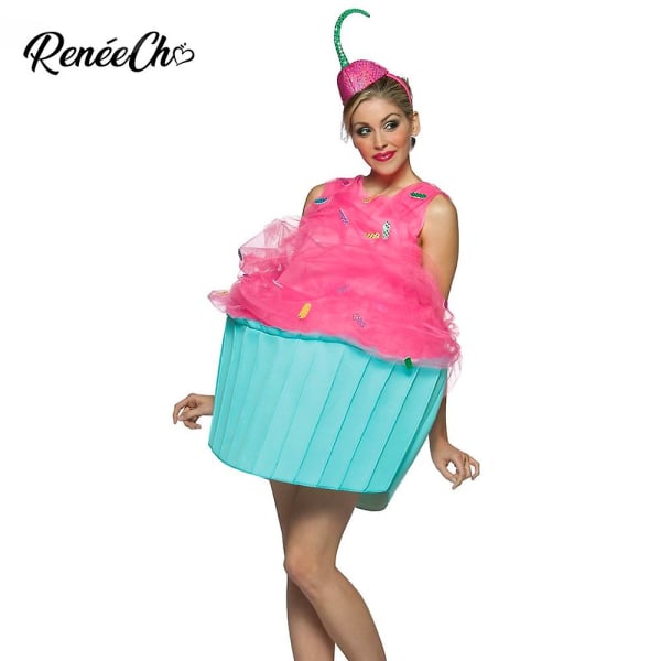 Reneecho Naisten Cupcake-asu Aikuisten Halloween Hauskat Ruoka-asut Vaaleanpunainen kakku Cosplay-asu Carnival Syntymäpäiväjuhla pukeutuminen
