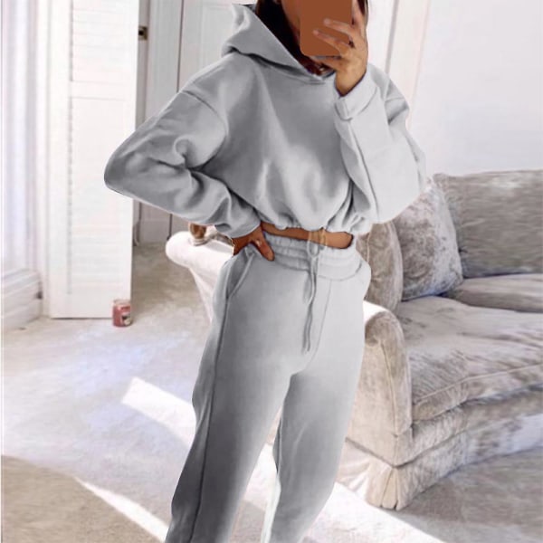 Naisten casual urheilullinen leikattu huppari + joustava vyötäröhoususarja set Light Grey 2XL