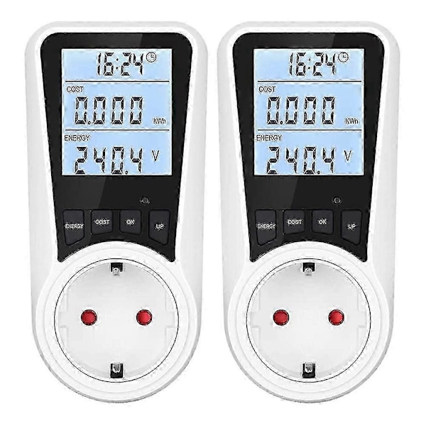 2x Sähkömittari Pistorasiaan, Taustavalolla, LCD-näytöllä, Energiankulutusmittari, Sähkölaitteille