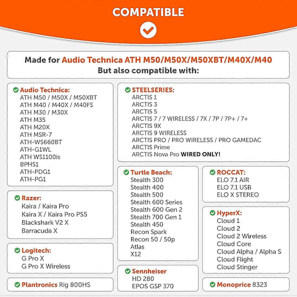 Ersättningsöronkuddar för Ath M50x - Passar Audio Technica M40x / M50xbt / Hyperx Cloud & Cloud 2 / Steelseries Arctis 3/5 / 7 / 9x & Pro Wireless/Stealth