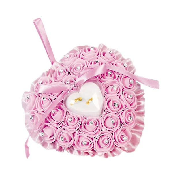 Hjerteformet Falsk Rose Rhinestone Indlagt Bryllupsring Æske Opbevaringsholder Pude Q