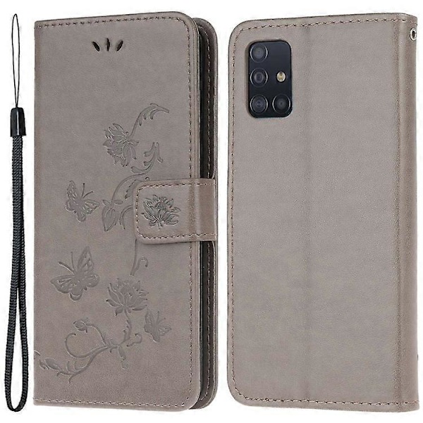 Præget Sommerfugl Blomst Skin PU Læder Flip Mobilcover Kompatibelt til Samsung Galaxy A51 Grey