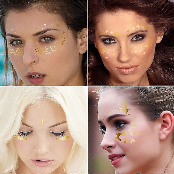 6 stk. ansigtstatoveringsmærker, ansigts guld midlertidig overførselstatovering til kvinder piger halloween makeup danser kostumefester