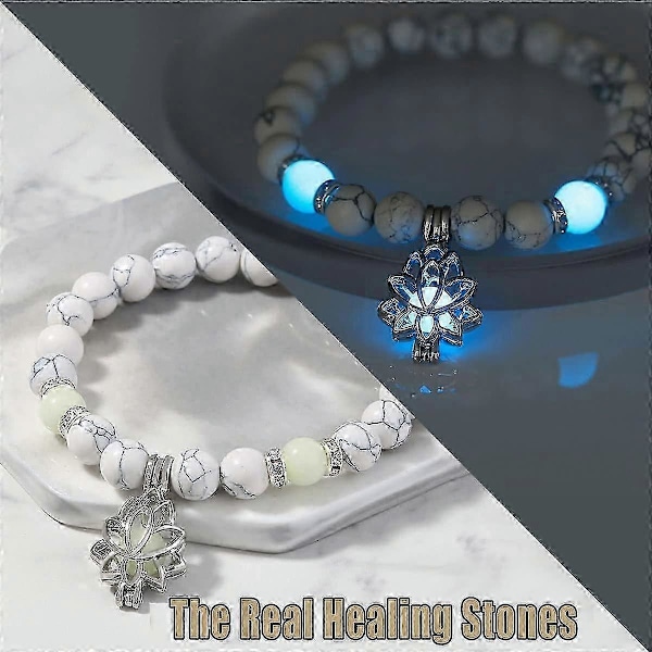 2 stk Angst & Stress-Reduserende Armbånd, Gløder I Mørket Lotus Yoga Healing Stone Armbånd, Lysende Glødende I Mørket Måne Lotusblomst Formet Charm Armbånd