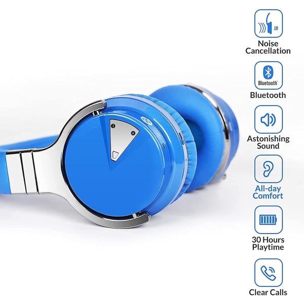 Aktive støyreduserende hodetelefoner Bluetooth-hodetelefoner med mikrofon dypbass trådløse hodetelefoner over øret, komfortable protein-øreputer, spilletid Blue