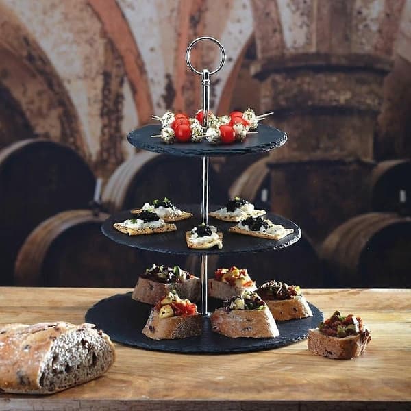 3-lags kageopsats - Naturskifer | Robust eftermiddagste-opsats til udstilling af kager, cupcakes og buffetfade