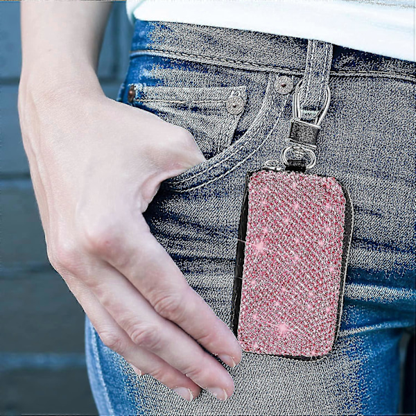 Bling Krystal Bilnøgle Etui Ægte Læder Auto Smart Nøglering Holder Metal Krog Og Nøglering Lynlåspose Til Fjernbetjening