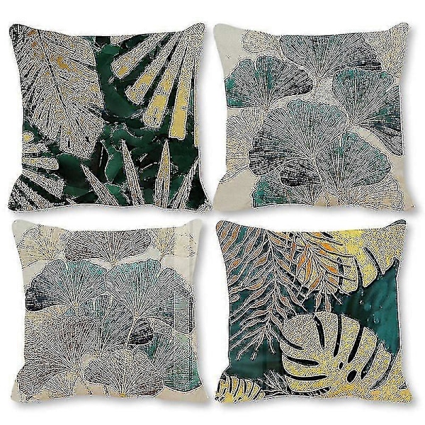 Pudebetræk 45cm X 45cm Sæt Med 4 Grønne Og Guld Blad Dekorativt Pudebetræk 18x18\" Linned Firkantet Pudebetræk Til Udendørs Møbler Have Stue-