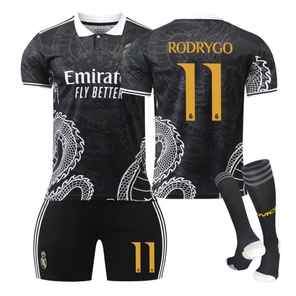 23-24 Real Madrid fotboll uniform drak mönster version barn och vuxna set sportlag uniform NO.11 RODRYGO 16