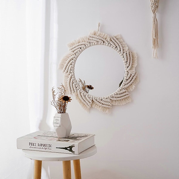 Nordisk Boho Makrame Veggspeil med Frynser Dusk Håndvevd Bomullsrep Gobelin Rundt Dekorativt Speil for Leilighet Stue Soverom