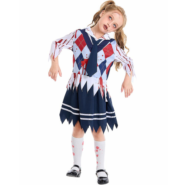 Flickor Zombie skoldräkt Uniform Barnvampyrdräkter Skrämmande Halloween kostym för barn Zombie skolpojkdräkter Girl Gray S