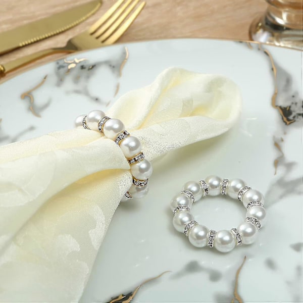 Hvide Perle & Rhinestone Servietringe Sæt Med 12, Bling Perle Servietring Holder Til Middag/Bryllup/Tha A yu