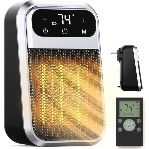 Wall Mounted Heater with Remote Control - 800W Plug-in Heater with LED Display, Adjustable Thermostat and Timer
