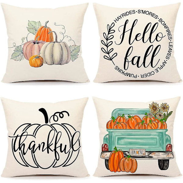 Høstdekor Putetrekk 18x18 Sett med 4 Gresskar Bondegårdsdekorasjoner Hello Fall