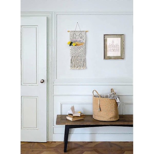 Tidningsförvaring Organizer Posthållare Väggmonterad Bomullsvävning Hängande Ficka, boho Heminredning, Elfenben, 33cm(b) 82cm(l)