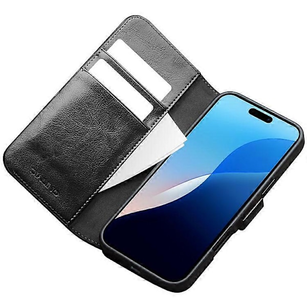 QIALINO Yhteensopiva iPhone 16 Pro -kotelo TPU+Aitoa lehmännahkaa Lompakkopuhelinkuori Black