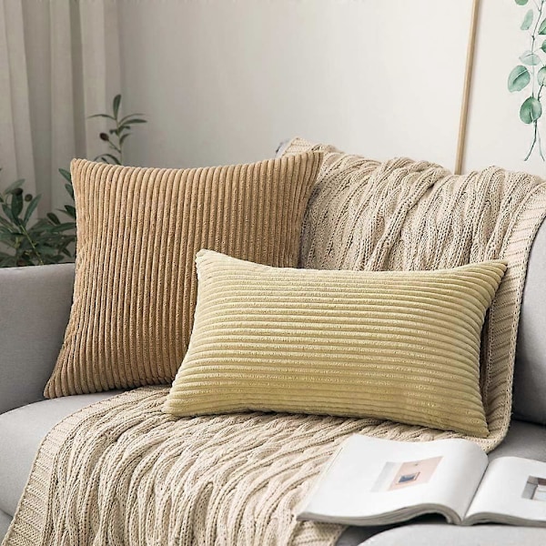 2-pack Corduroy Mjuka Enfärgade Dekorativa Fyrkantiga Prydnadskuddar Set Kuddfodral Örngott för Soffa Sovrum Bil 55 x 55 cm Khaki