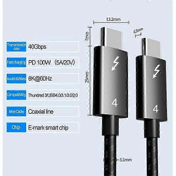 Thunderbolt 4 Kabel USB C 8K 60Hz Certificeret 40Gbps Hurtig Hastighed PD100W til Macbook Pro Acer USB 4 C42