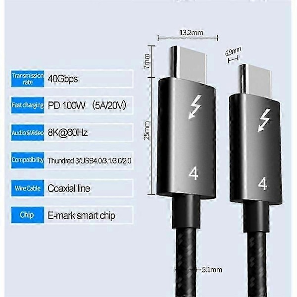 Thunderbolt 4 Kabel USB C 8K 60Hz Sertifisert 40Gbps Rask Hastighet PD100W for Macbook Pro Acer USB 4 C42