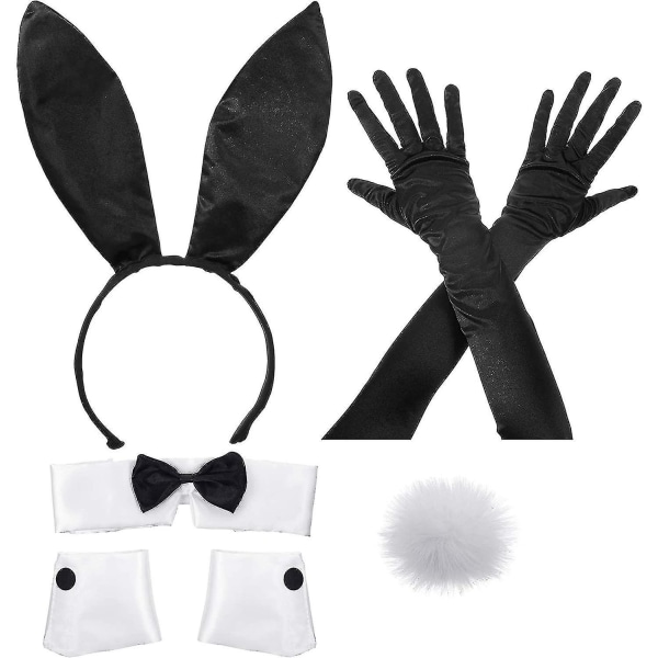 Bunny-kostymesett inkluderer kaninører pannebånd, sløyfe, mansjetter, svarte lange hansker og kaninhale