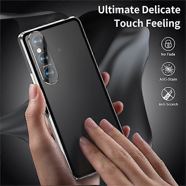 Kompatibel med Sony Xperia 1 V Magnetisk Adsorptions Etui Metalramme + Hærdet Glas + PC Bagside Klar Telefon Cover Silver