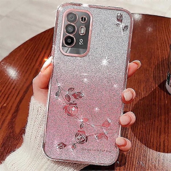 KADEM Yhteensopiva Oppo A95 5G / F19 Pro+ 5G / Reno5 Z / A94 5G TPU Naarmuuntumaton Suojakuori Strassikukka Glitter Liukuväri Puhelin PinkGold