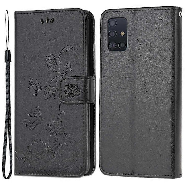 Præget Sommerfugl Blomst Skin PU Læder Flip Mobilcover Kompatibelt til Samsung Galaxy A51 Black