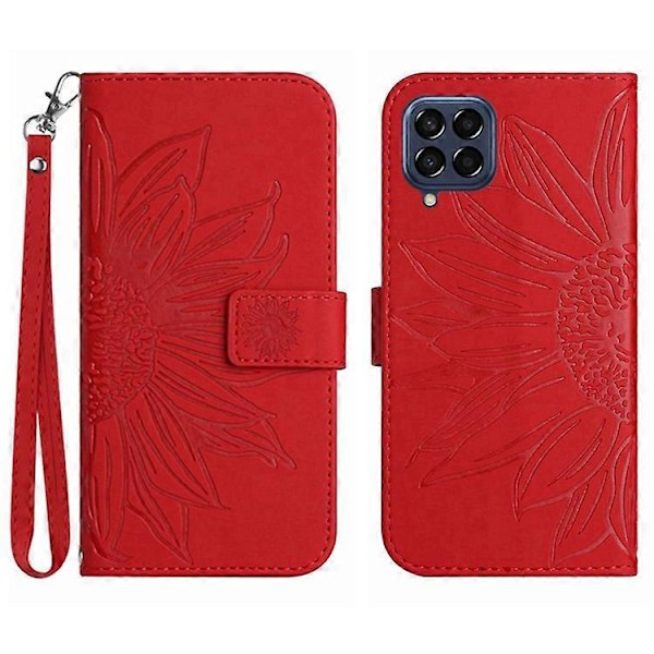 Kompatibelt för Samsung Galaxy M53 5G HT04 Skin-touch PU Läder Mobiltelefon Skydd Skal med Tryckt Solros Ställ Plånboksfodral Red