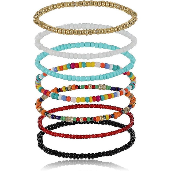 7 stk. Elastiske Ankelkæder med Perler til Kvinder Piger Håndlavet Strand Boho Farverige Perler Ankelarmbånd Sæt - -