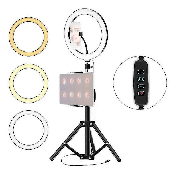 26 cm / 10 tuuman LED-rengasvalo, 3 väriä, 10 himmennystasoa, 3200-5600 K värilämpötila, jalustat, puhelin- ja tablettipidikkeet suoratoistoon, meikkiin P
