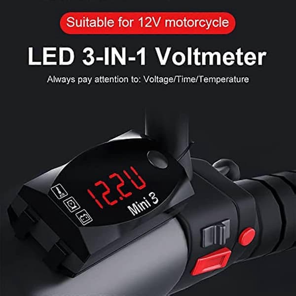 Digital voltmeter til bil, voltmeter til motorcykel, LED digitalt ur, termometer 3 i 1, vandtæt batteriovervågningsmåler