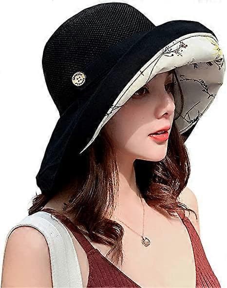 Solhatt i Mesh for Kvinner, Sommerstrand, UV-Beskyttelse, UPF, Pakkbar, Bred Bremm, Hakestropp