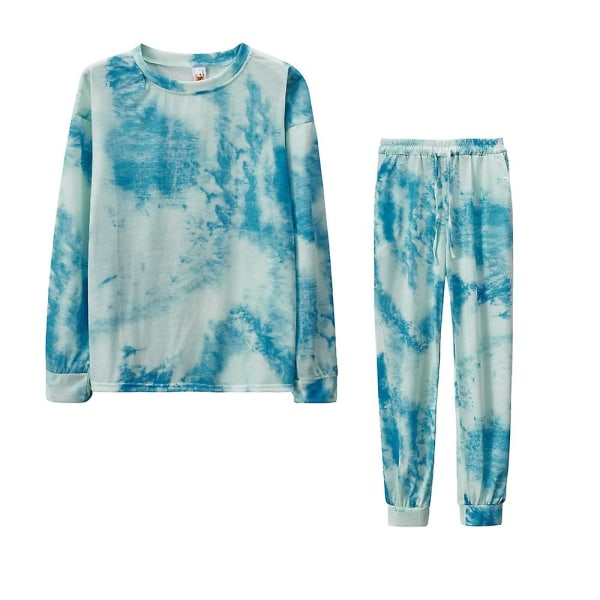 Kvinnors Tie Dye Casual Kostym Långärmad Sweatshirt Topp + Dragsko Byxor Kostym Casual Jogging Lounge Wear Blue L