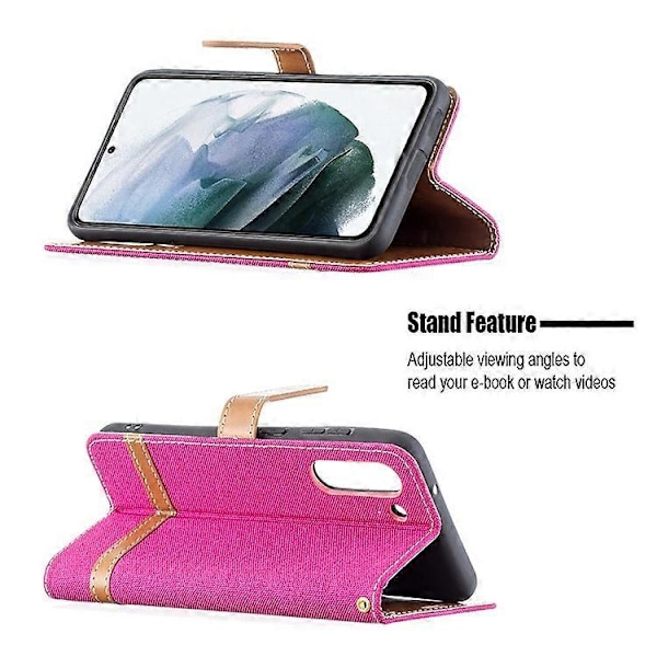 Splejsning Jeans Stof Overflade Læder Telefon Cover Wallet Stand Case Kompatibel Med Samsung Galaxy S21 FE/S21 Lite Pink