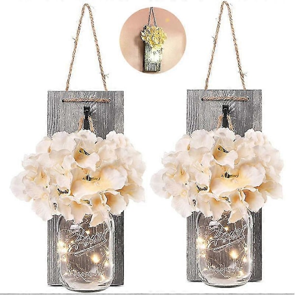 2 Rustika Mason Jar Ljusslingor, Sidenhortensia och LED-ljusslingor