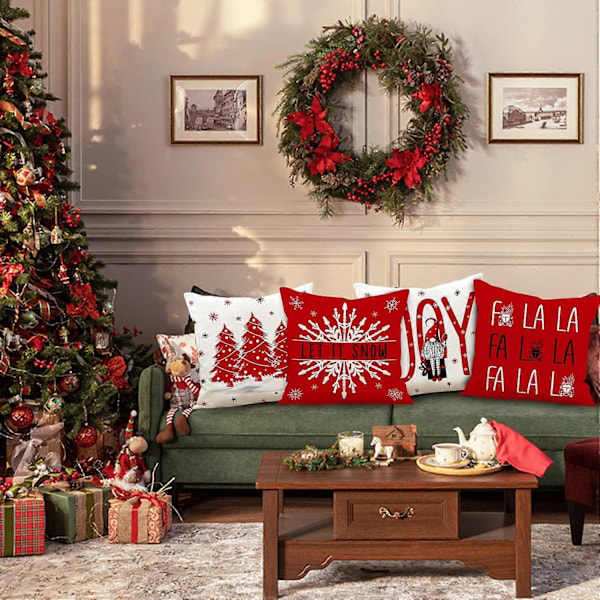 Jul Kuddfodral 45,72 x 45,72 cm, God Jul Vinterdekoration Julkudde Kuddfodral, för familjerum soffdekoration (röd)
