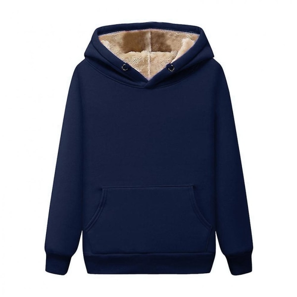 Dam Enfärgad vinter varm fleecefodrad huvtröja Casual Lösa hoodies Pullover Toppar med ficka Dark Blue M