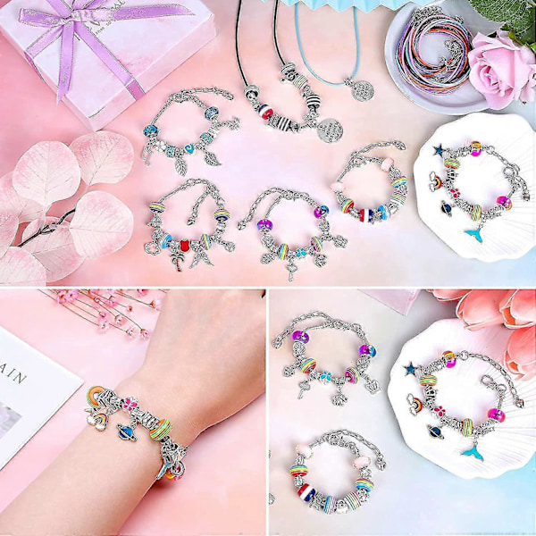 DIY armbandstillverkningskit för flickor 96 delar charmarmband kit med pärlor hänge berlocker armband halsband snöre