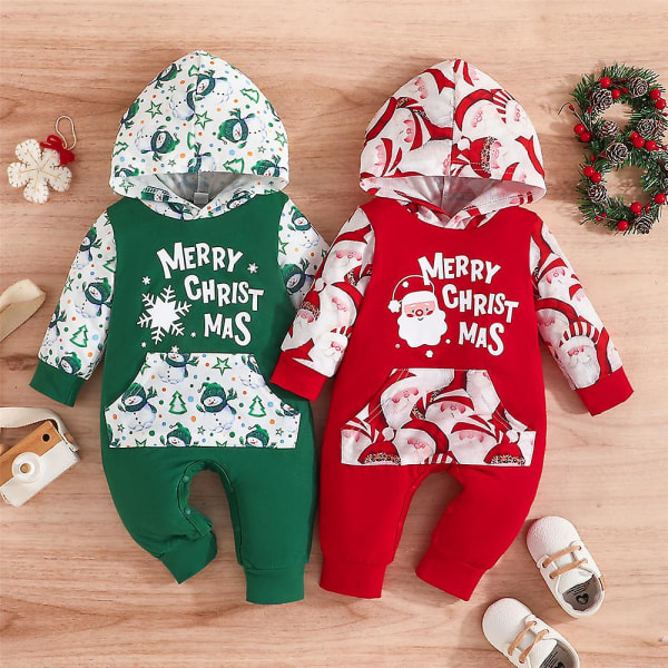 Baby flicka Barn 1:a jul God jul Hooded Långärmad Jumpsuit Bodysuit One Piece Romper Outfit Green 0-3M