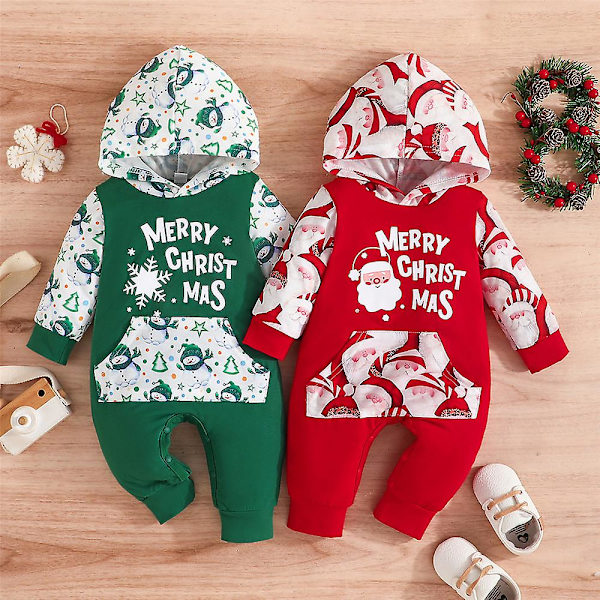Baby flicka Barn 1:a jul God jul Hooded Långärmad Jumpsuit Bodysuit One Piece Romper Outfit Green 6-9M