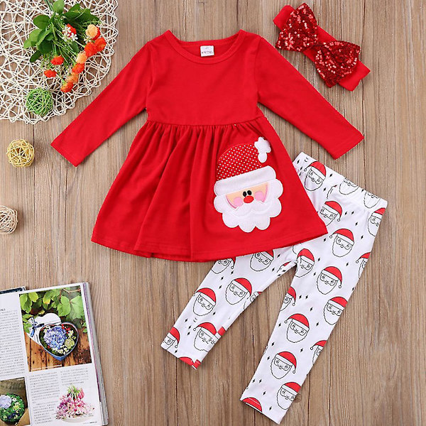Joulu Lapset Tytöt casual asut Pitkähihaiset Joulupukki Print Mekko Leggingsit Housut Paljetit Rusetti set Joulupuku 12-18 Months