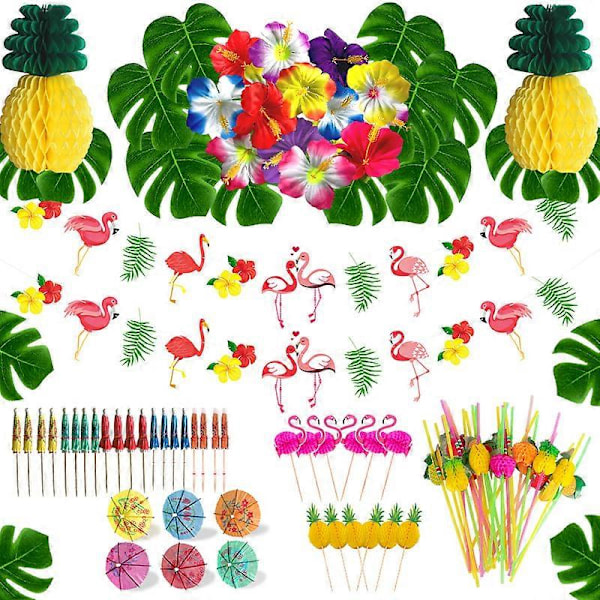 174 kpl Luau-juhlakoristeet pakkaus Havaijilainen Flamingo Ranta-teema Aloha Syntymäpäiväjuhlatarvikkeet, Havaiji Leis Tausta Pöytähame Pöytäliina